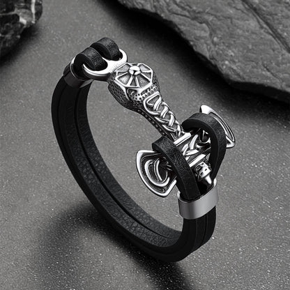 Viking Mjolnir Thor's Hammer Leather Bracelet for