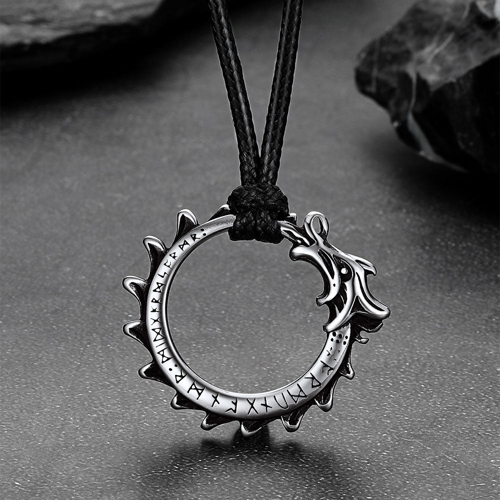 Dragon Circle Necklace With Leather Chain for