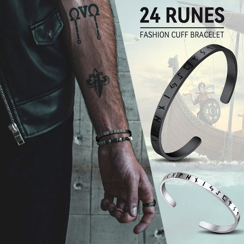 Norse Viking Runes Bangle Cuff Bracelet for