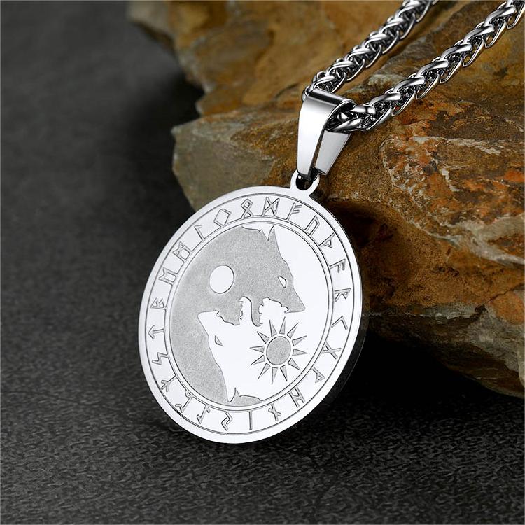 Viking Wolf Coin Necklace for With Runes