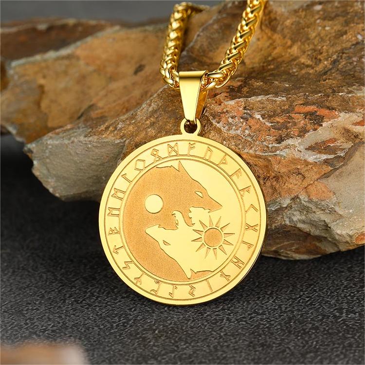 Viking Wolf Coin Necklace for With Runes