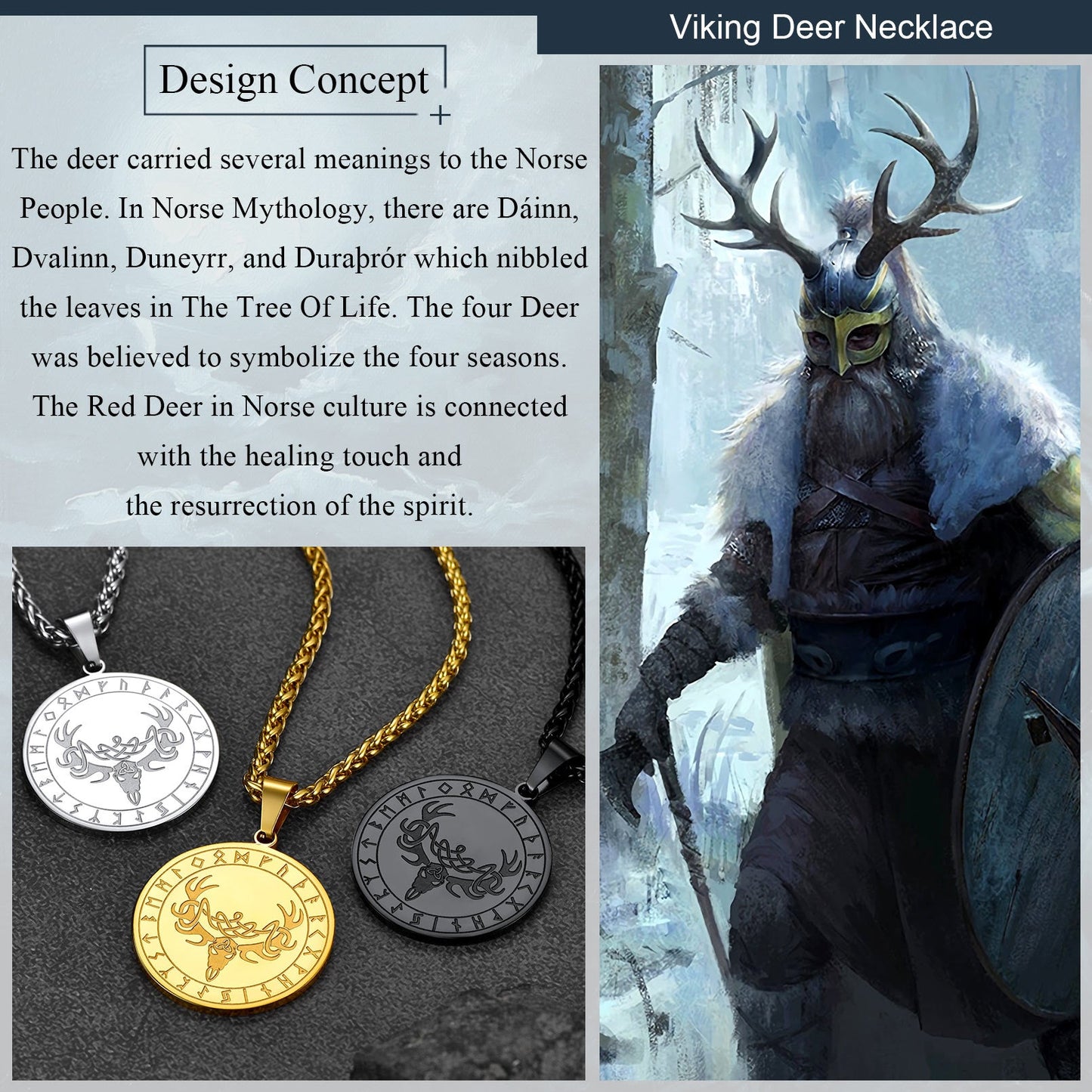 Flash Stainless Steel Norse Viking Deer Necklace for