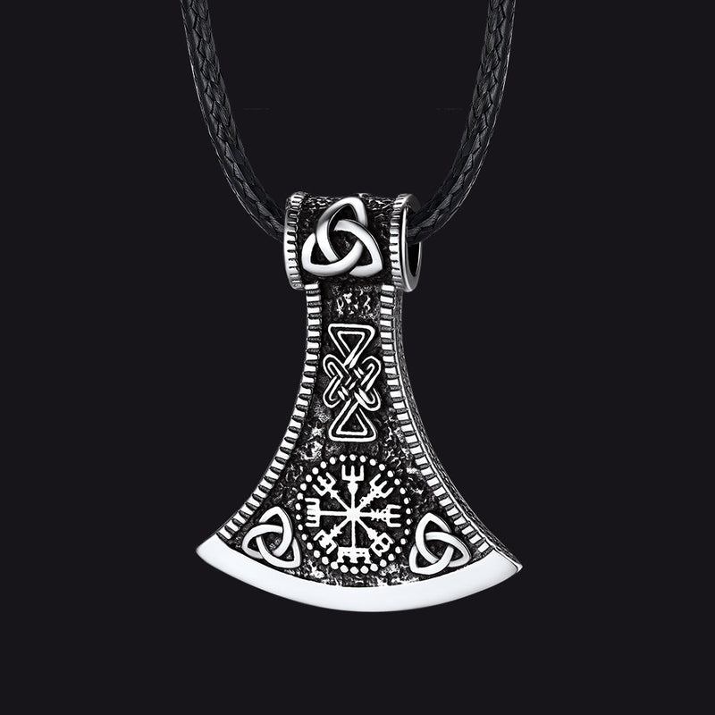 Viking Axe Compass Braided Leather Necklace for Dad