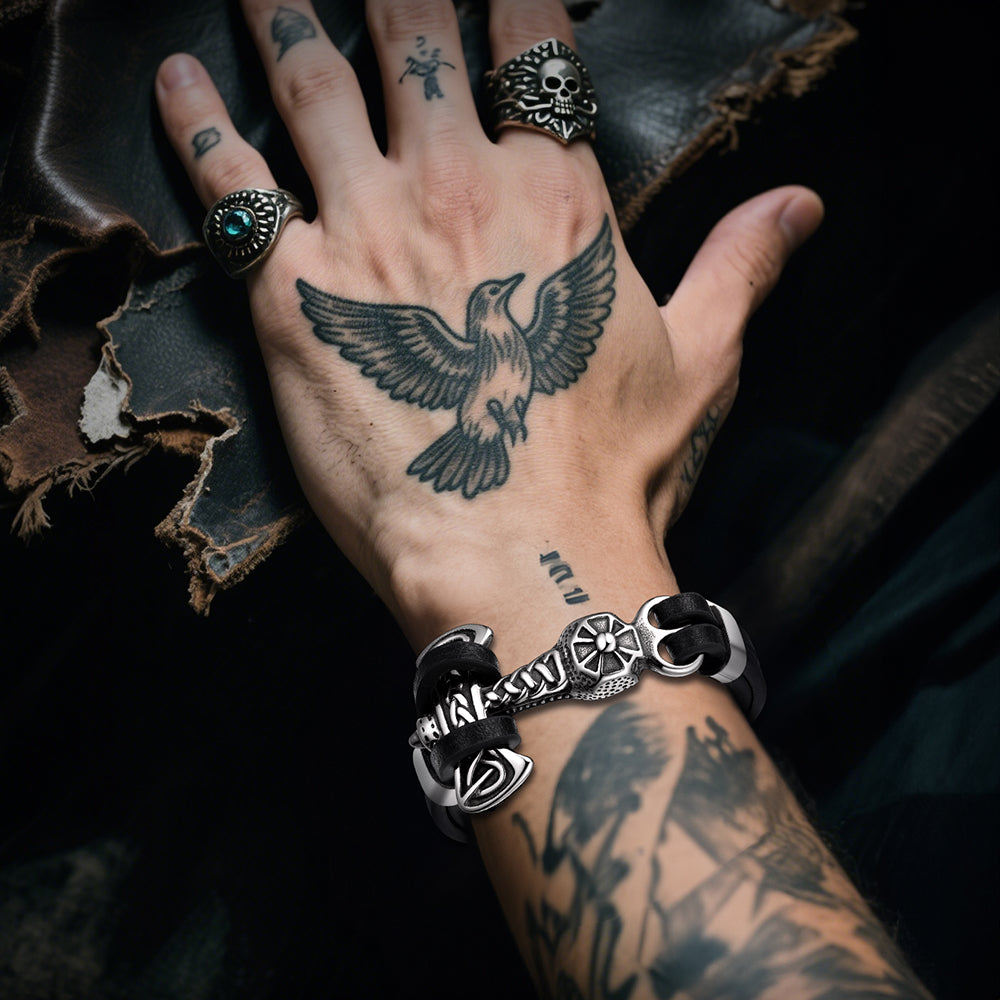 Viking Mjolnir Thor's Hammer Leather Bracelet for