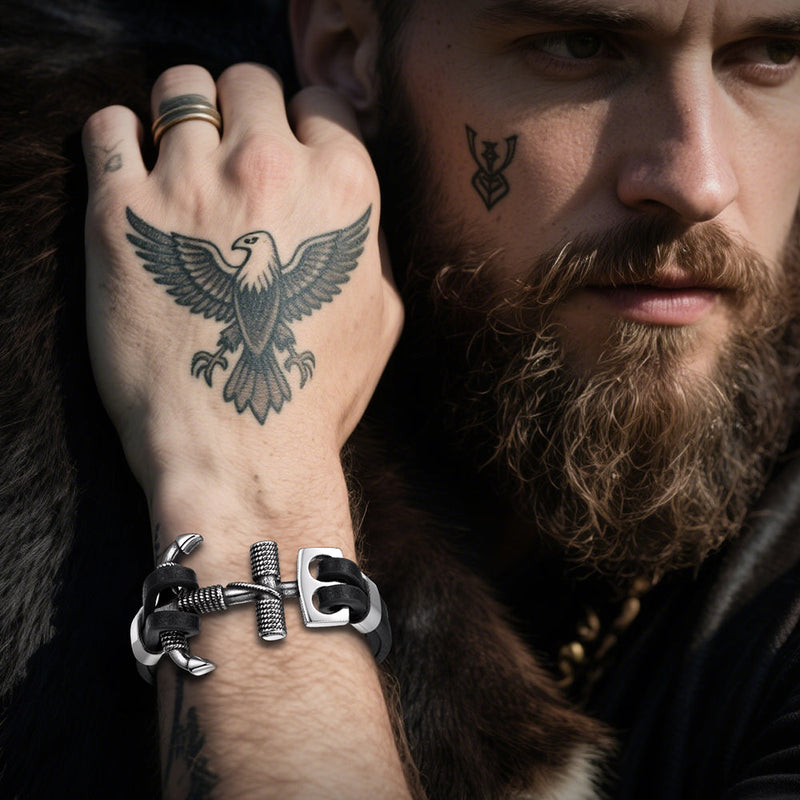 Viking Stainless Steel Anchor Black Leather Bracelet for