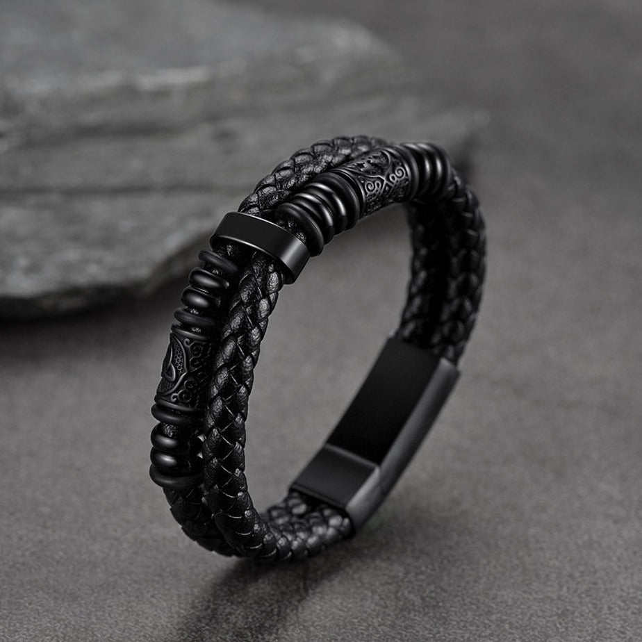 Viking Black Engraved Leather Braided Wristband Bracelet for