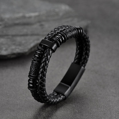 Viking Black Engraved Leather Braided Wristband Bracelet for