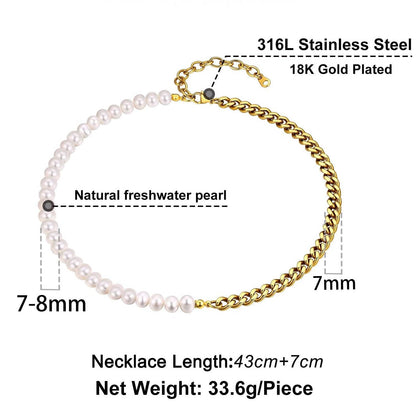 Half 8mm White Pearl and Half 7mm Cuban Link Chain Choker Necklace