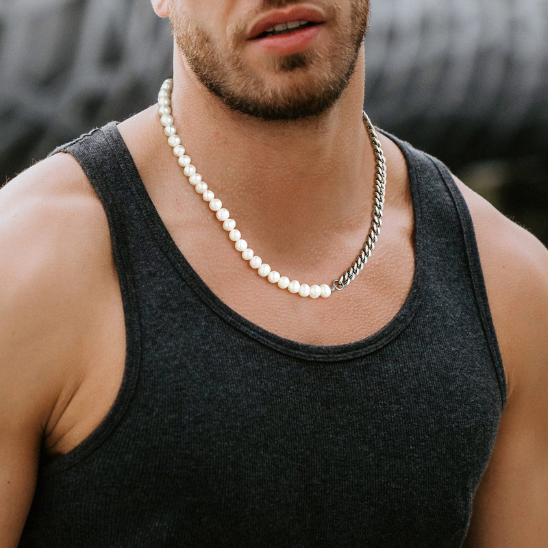 Half 8mm White Pearl and Half 7mm Cuban Link Chain Choker Necklace