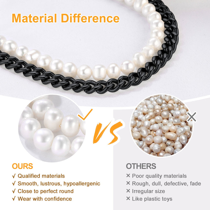 Half 8mm White Pearl and Half 7mm Cuban Link Chain Choker Necklace