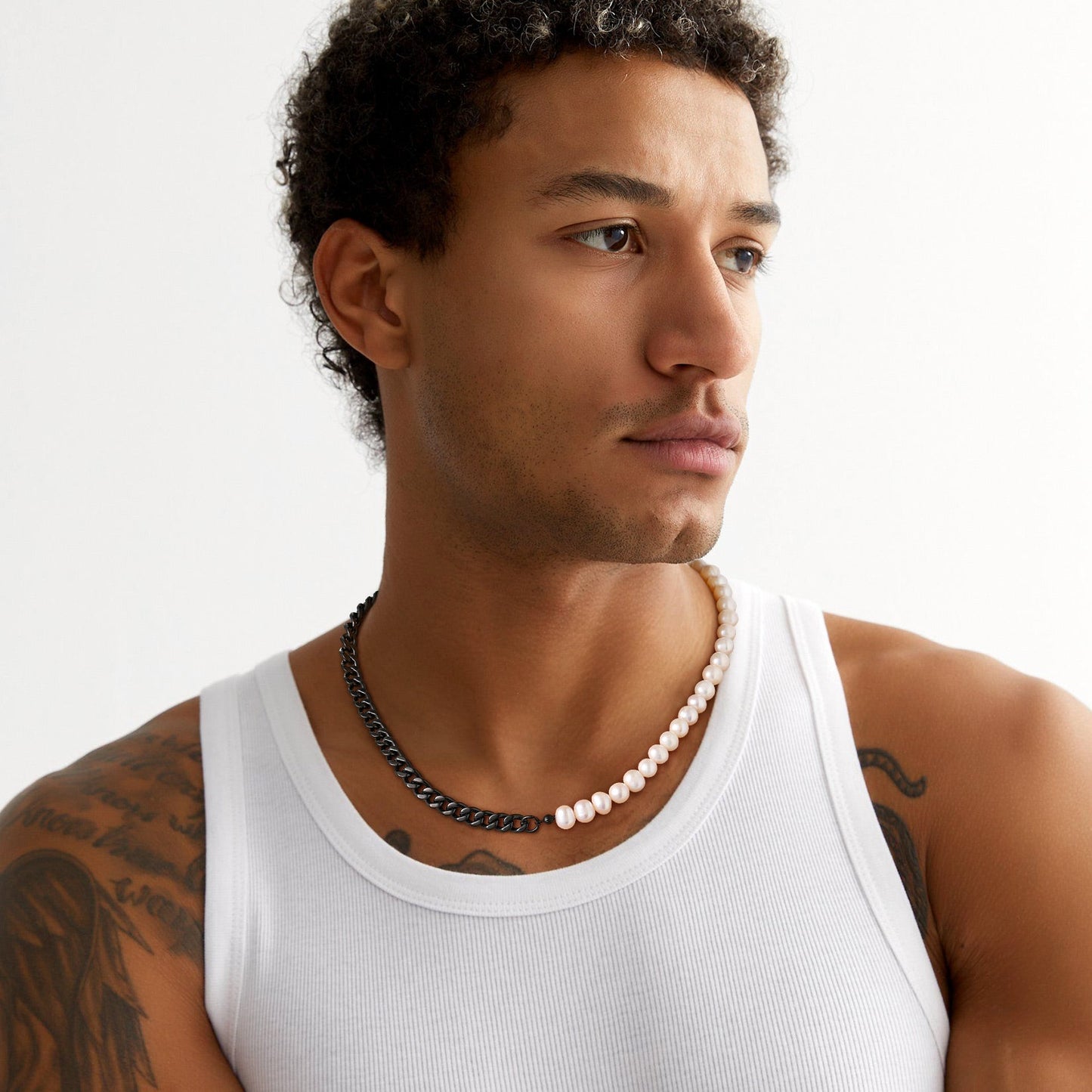 Half 8mm White Pearl and Half 7mm Cuban Link Chain Choker Necklace