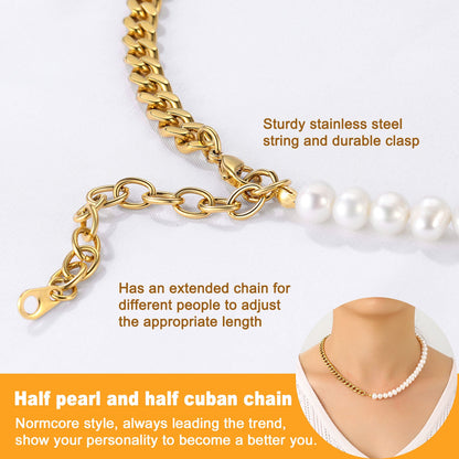 Half 8mm White Pearl and Half 7mm Cuban Link Chain Choker Necklace