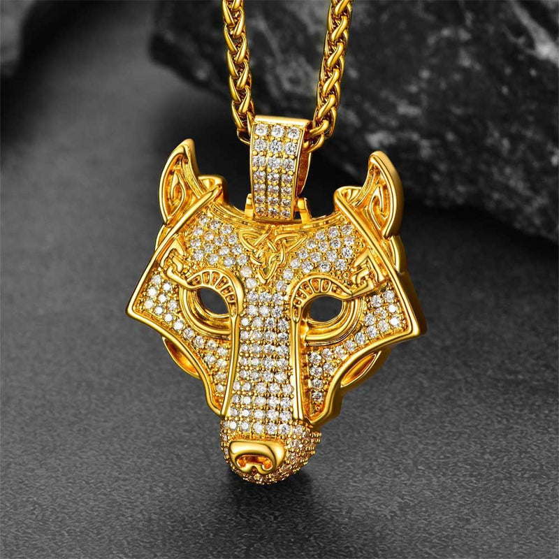 Hip Hop Viking Wolf Head Fenrir Necklace With Cubic Zirconia