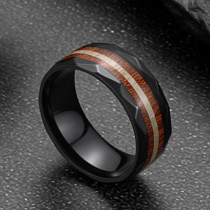 8mm Black Wooden Grain Inlay Wedding Band Ring for
