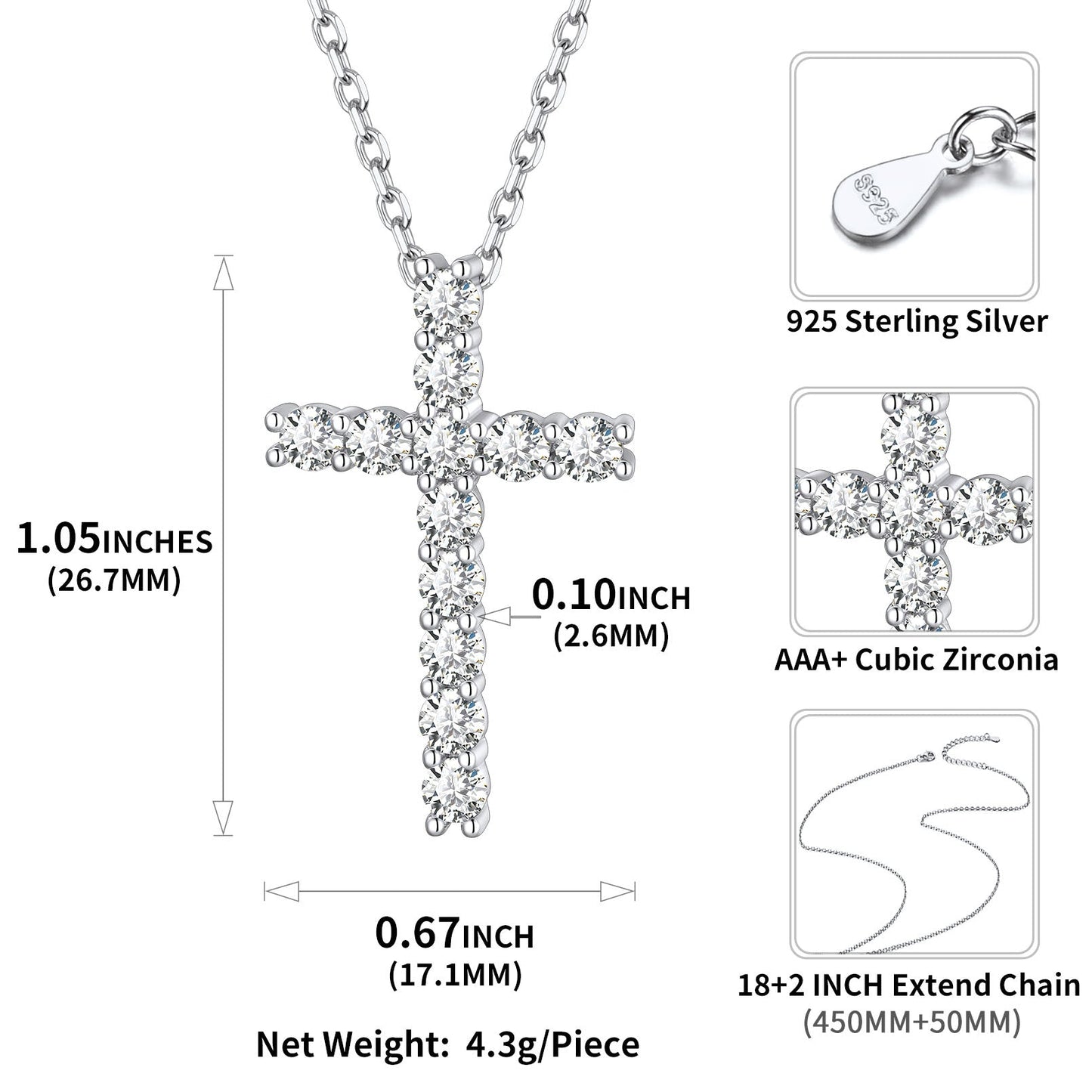 Sterling Silver Diamond Cross Necklace Crucifix Pendant Necklace for