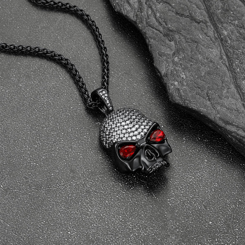 Halloween Gothic Skull Diamond Necklace With Red Eye for