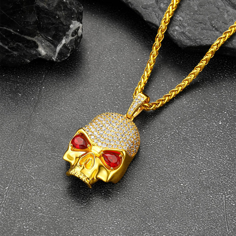 Halloween Gothic Skull Diamond Necklace With Red Eye for