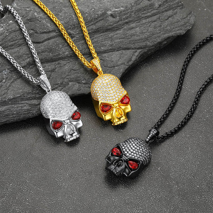 Halloween Gothic Skull Diamond Necklace With Red Eye for