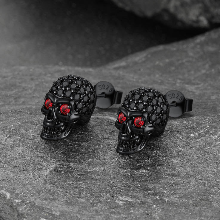 Sterling Silver Gothic Skull Diamond Stud Earrings for