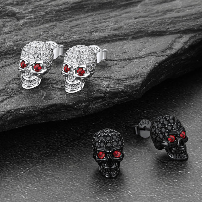 Sterling Silver Gothic Skull Diamond Stud Earrings for
