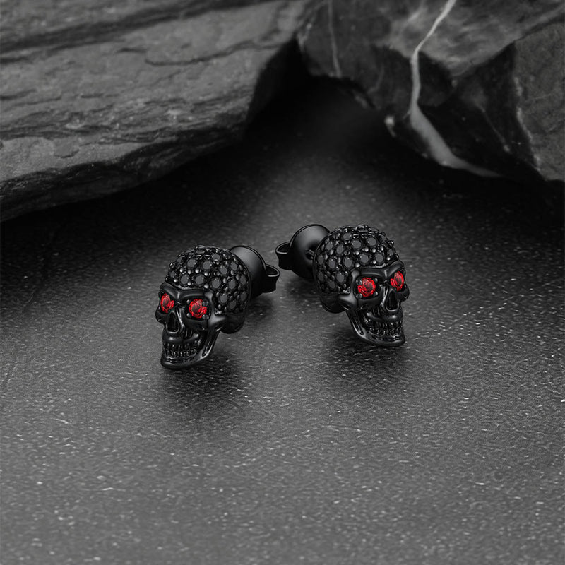 Gothic Cz Red Eye Stud Skull Earrings for