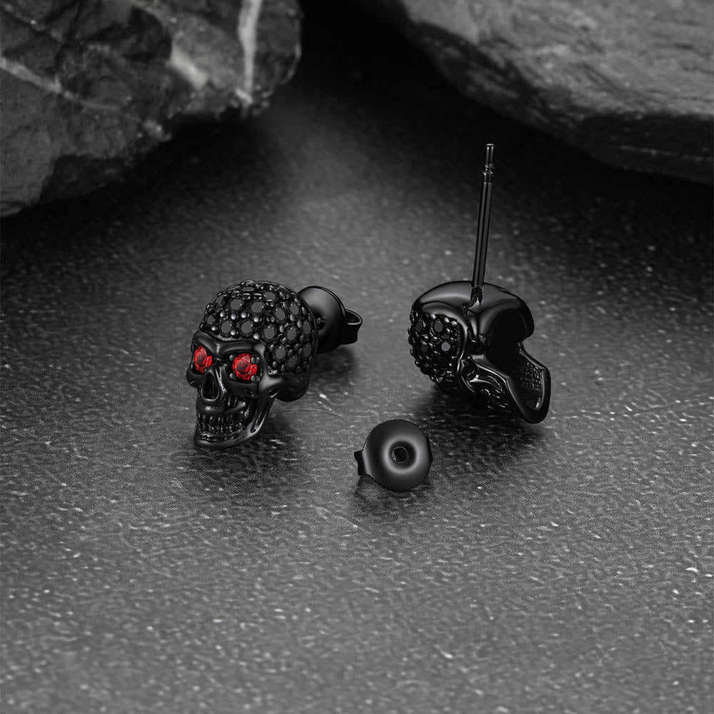 Gothic Cz Red Eye Stud Skull Earrings for