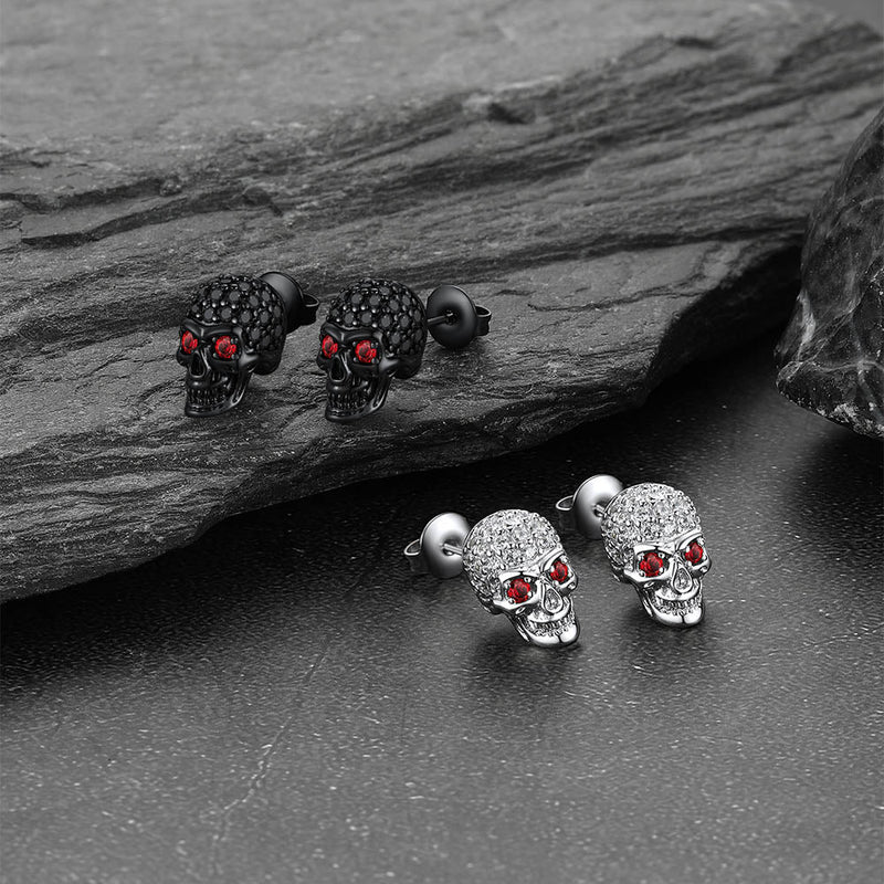 Gothic Cz Red Eye Stud Skull Earrings for