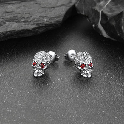 Gothic Cz Red Eye Stud Skull Earrings for