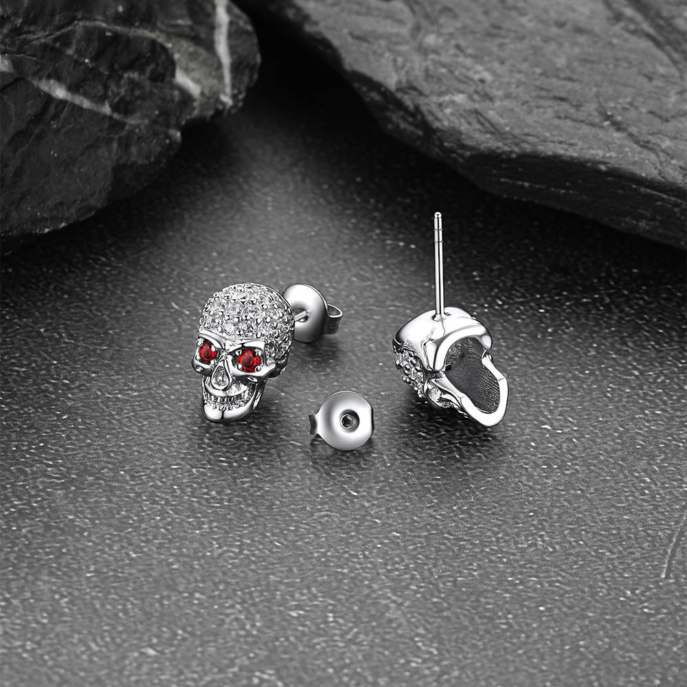 Gothic Cz Red Eye Stud Skull Earrings for