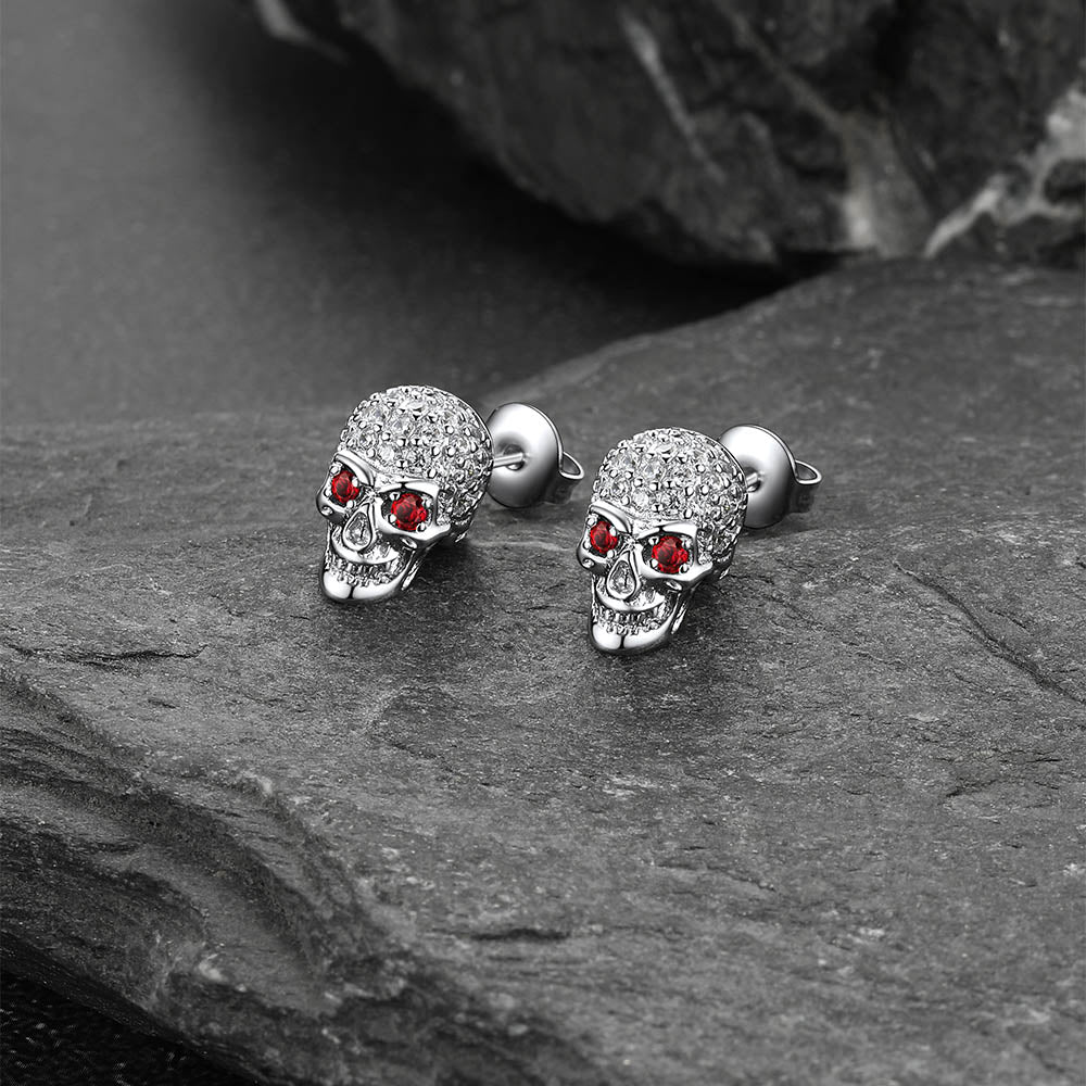 Gothic Cz Red Eye Stud Skull Earrings for