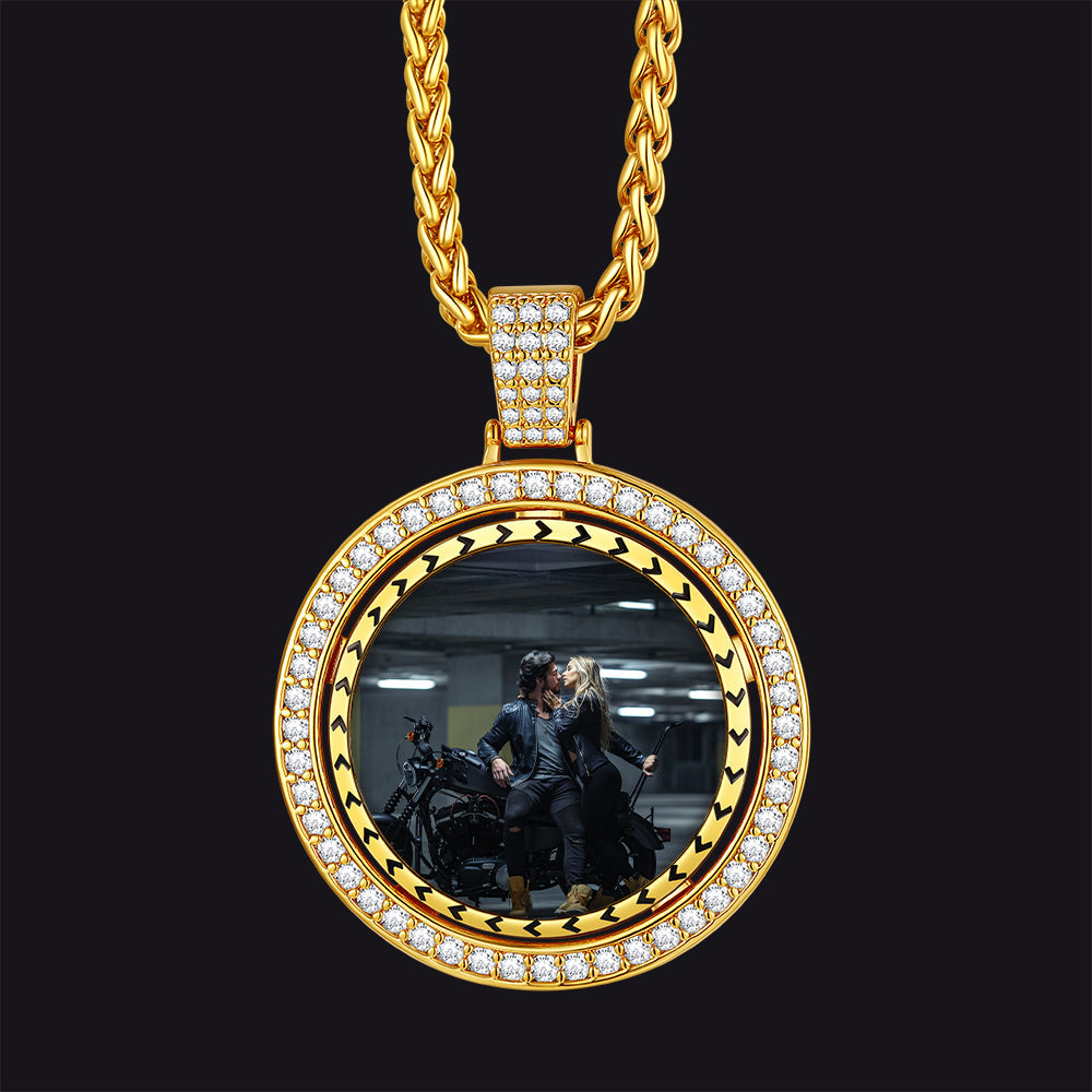 Custom Gold Zirconia Spinner Picture Necklace Pendant for