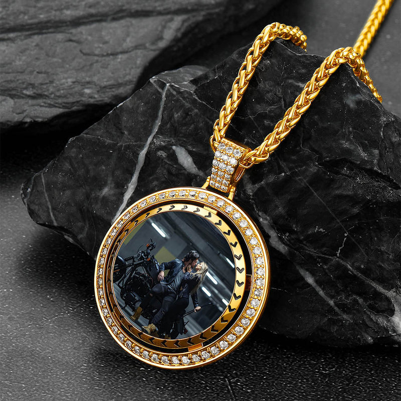 Custom Gold Zirconia Spinner Picture Necklace Pendant for