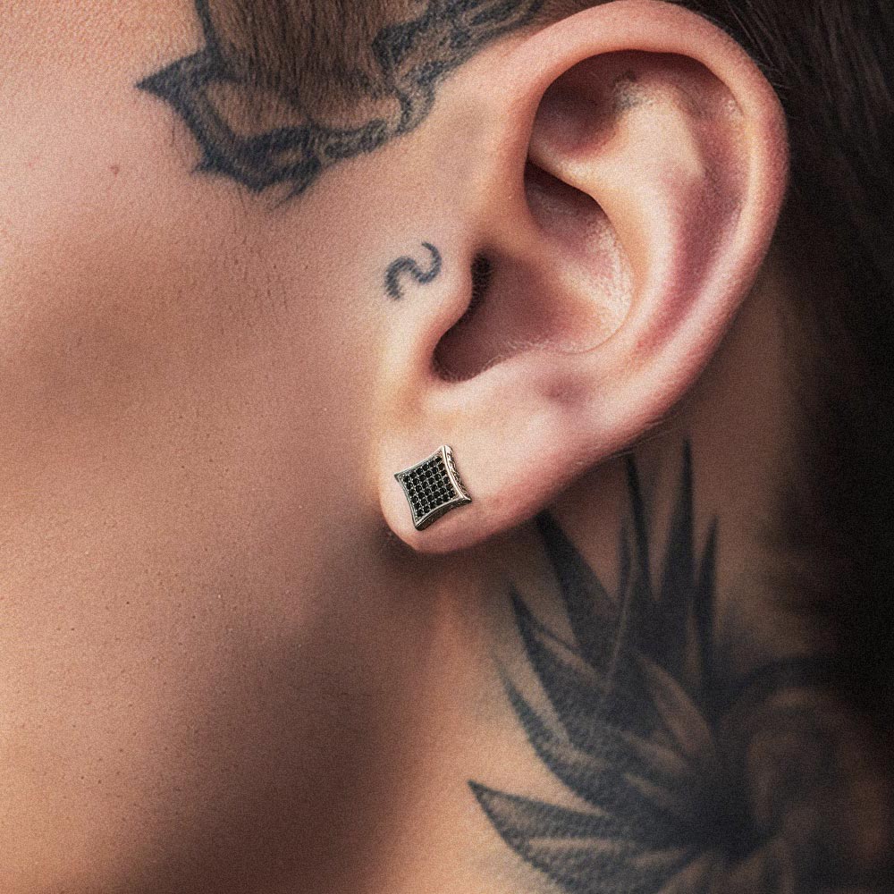 9mm Square Black Diamond Stud Earrings With Viking Runes