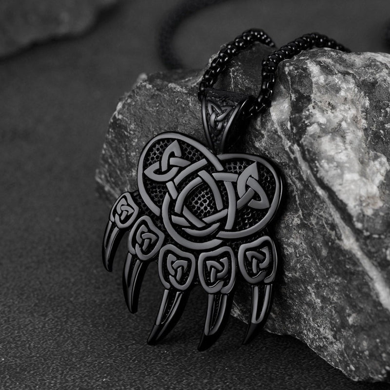 Viking Bear Paw Necklace With Celtic Knot for