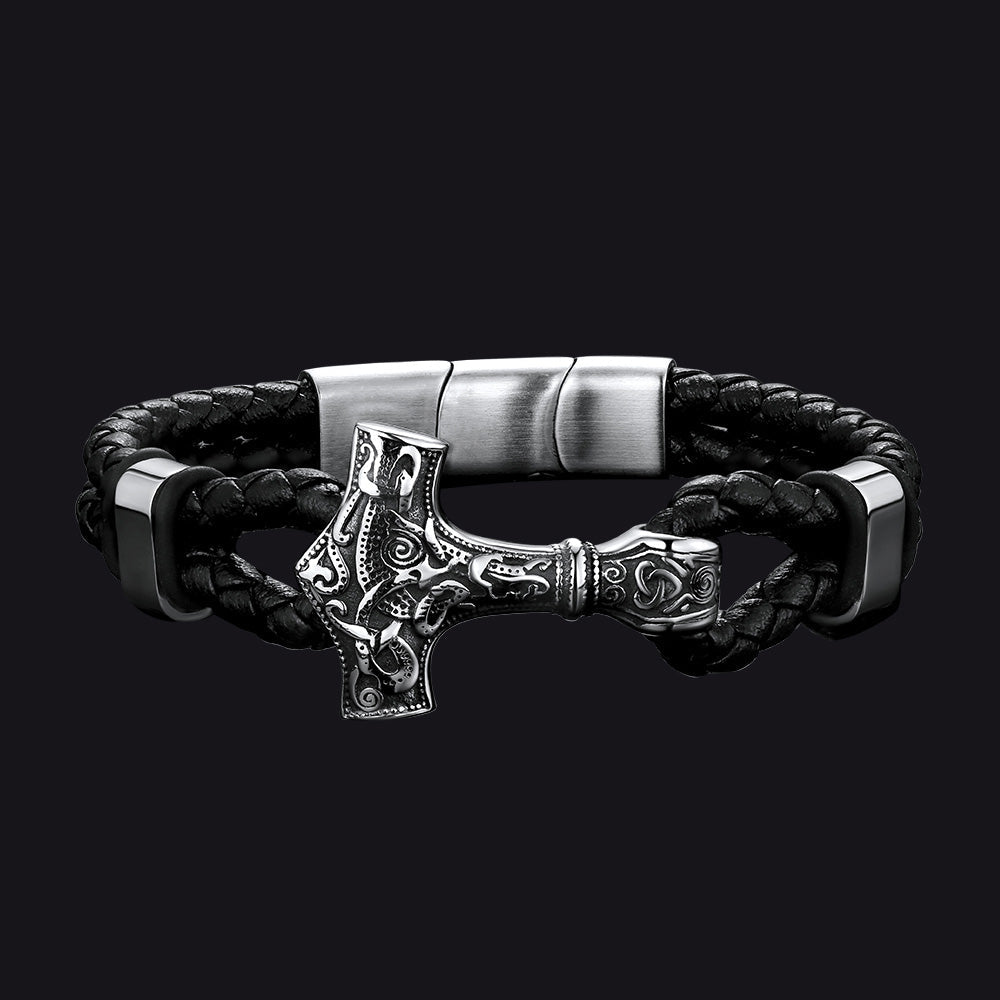 Viking Thor's Hammer Mjolnir Braided Leather Bracelet Gift for