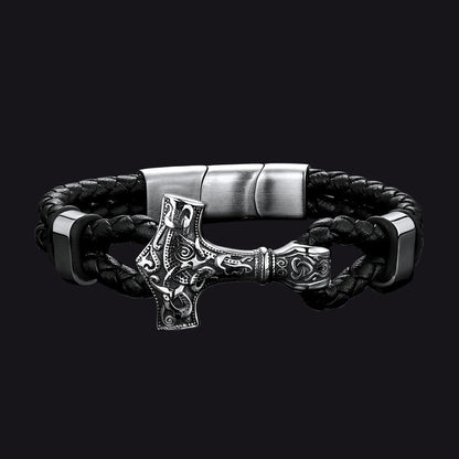 Viking Thor's Hammer Mjolnir Braided Leather Bracelet Gift for