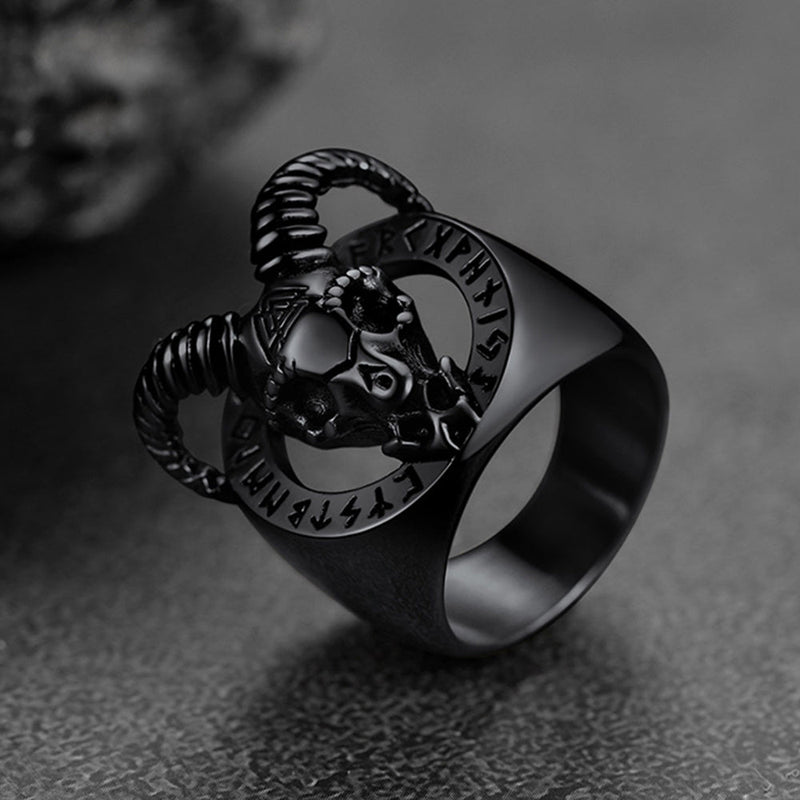 Satanic Goat Skull Ring With Viking Runes for