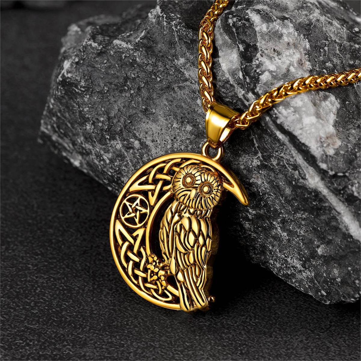 Viking Celtic Crescent Moon Owl Necklace for