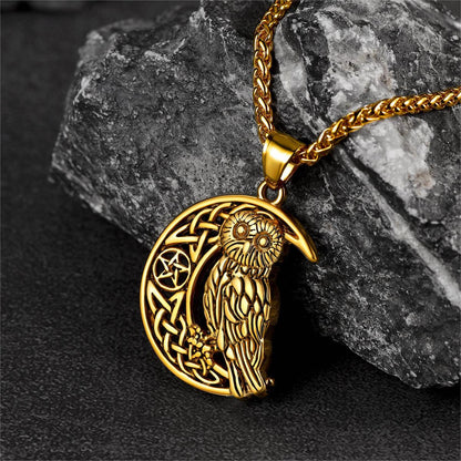 Viking Celtic Crescent Moon Owl Necklace for
