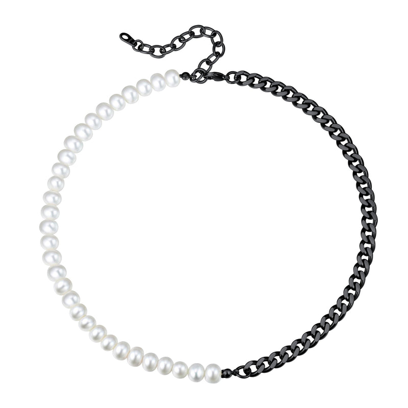 Half 8mm White Pearl and Half 7mm Cuban Link Chain Choker Necklace