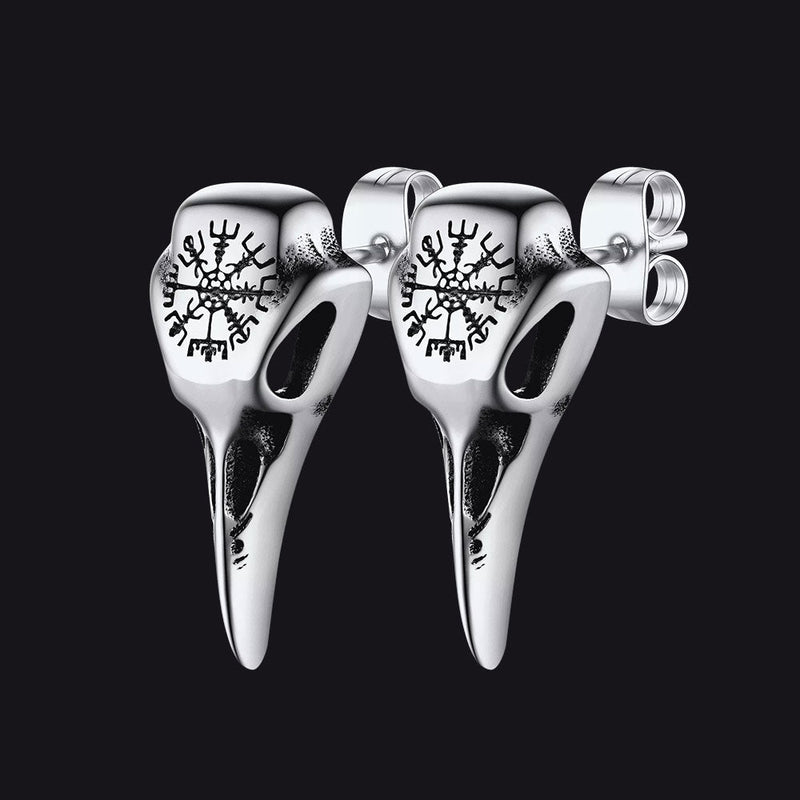 Viking Raven Skull Stud Earrings With Viking Vegvisir for