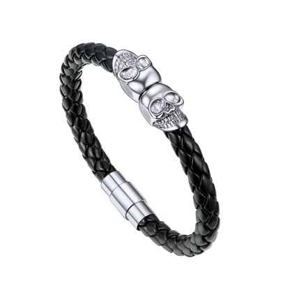 Black Braided Leather Bracelet With Skull for