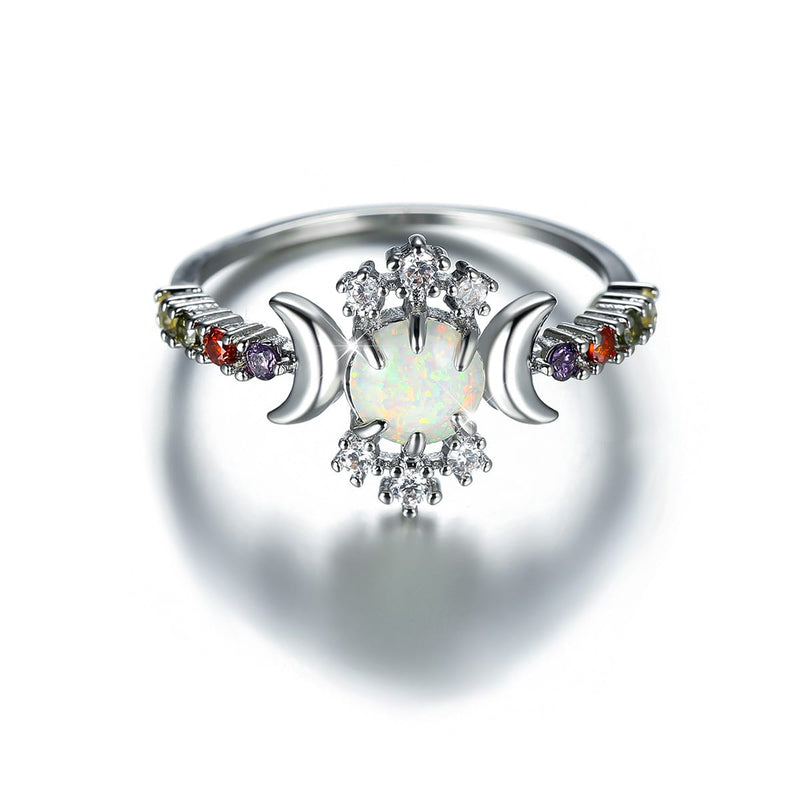 White Opal Triple Moon Goddess Ring