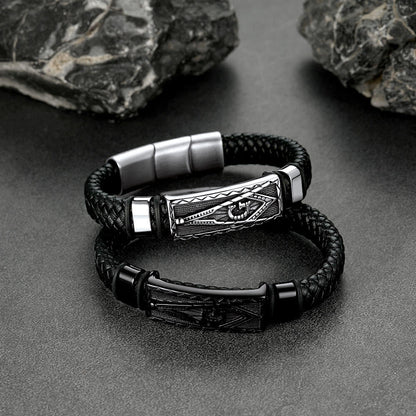 Masonic Compass Braided Black Leather Bracelet for Father Husband