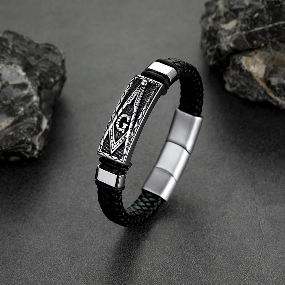 Masonic Compass Braided Black Leather Bracelet for Father Husband