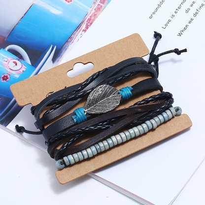 Adjustable Leather Bracelet Set With Plant / Punk Bangles for and