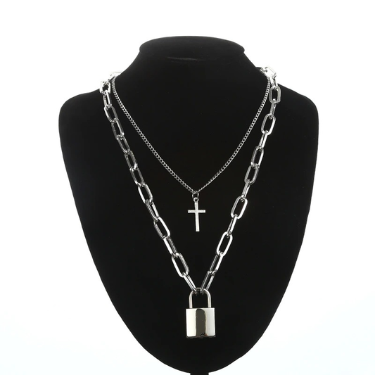 Aesthetic Chain Punk Necklace for and / Square Lock Cross Pendants / Grunge Goth Accessories