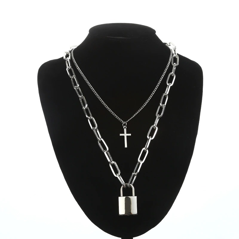 Aesthetic Chain Punk Necklace for and / Square Lock Cross Pendants / Grunge Goth Accessories