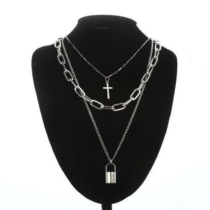 Aesthetic Chain Punk Necklace for and / Square Lock Cross Pendants / Grunge Goth Accessories