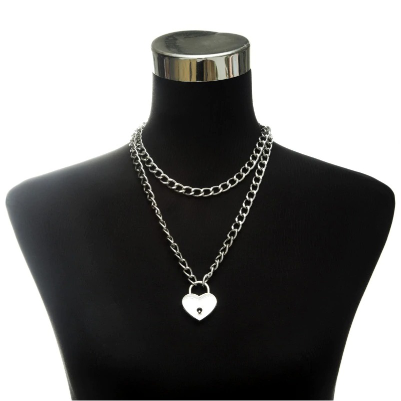 Aesthetic Chain Necklace With Lock in Form Heart / Gothic Emo Grunge Pendants